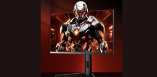 AOC Launches Q27G4SM 27-Inch 2K 340Hz QD-Mini LED Monitor The front perspective view of the AOC Q27G4SM gaming monitor showing a robotic warrior character on the screen, on a dark red background.
