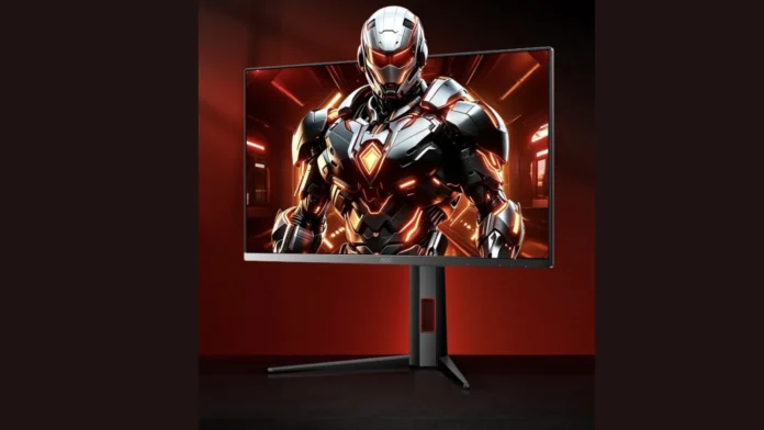 The front perspective view of the AOC Q27G4SM gaming monitor showing a robotic warrior character on the screen, on a dark red background.