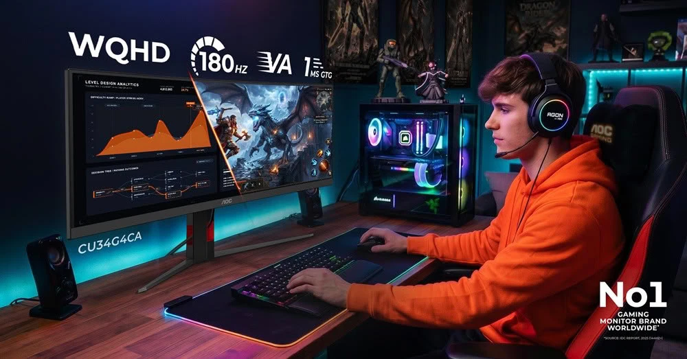 Gamer using the AOC CU34G4CA 34-inch curved ultrawide gaming monitor with WQHD resolution, 180Hz refresh rate, and 1ms GtG response time.