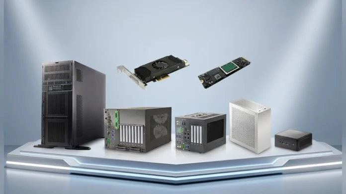 Composite image showing various ASRock Industrial edge AI computing systems and Axelera Metis PCIe and M.2 AIPU acceleration cards on a platform.