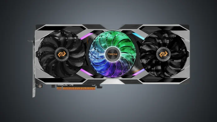 Front view of the isolated ASRock Radeon RX 9070 XT Taichi 10th Anniversary Edition graphics card on a custom silver gradient backdrop.