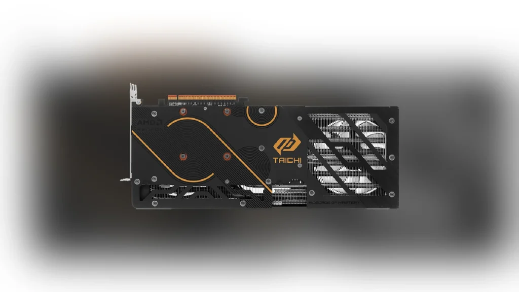 ASRock Taichi 10th Anniversary Hardware Will Not Go on Sale 1 Rear metal backplate of the ASRock Radeon RX 9070 XT Taichi 10th Anniversary graphics card with geometric prints.