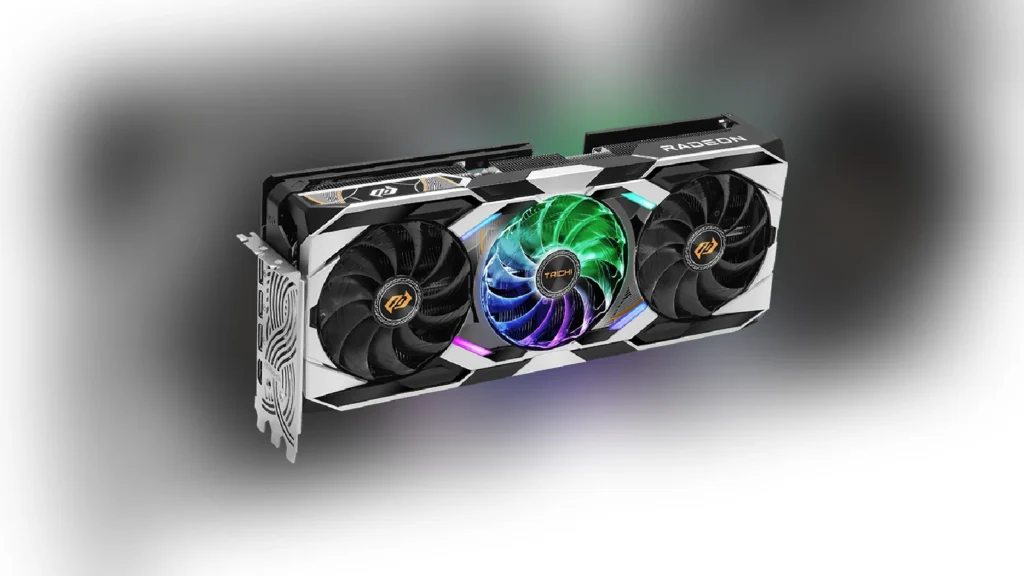 ASRock Taichi 10th Anniversary Hardware Will Not Go on Sale 2 Three-quarter angled view of the ASRock Radeon RX 9070 XT Taichi 10th Anniversary graphics card showing the heatsink.