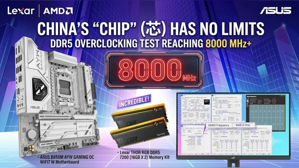 ASUS Validates CXMT DDR5 Memory up to 8400 MT/s on AMD B850 2 Bilibili marketing slide showing the ASUS B850M motherboard and KingBank Starry White DDR5 memory running at 8,400 MT/s.