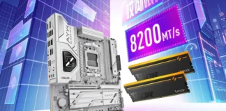 ASUS Validates CXMT DDR5 Memory up to 8400 MT/s on AMD B850 ASUS B850M AYW Gaming OC motherboard next to two Lexar THOR RGB memory sticks on a futuristic digital city grid floor.