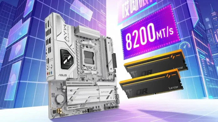 ASUS B850M AYW Gaming OC motherboard next to two Lexar THOR RGB memory sticks on a futuristic digital city grid floor.