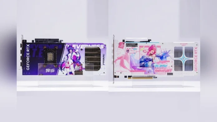 Side-by-side view of the ASUS PRIME and Colorful iGame Wuthering Waves co-branded GeForce RTX 5080 graphics cards.