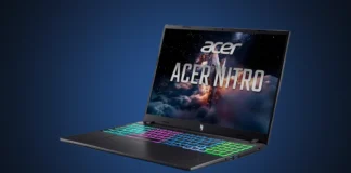 Acer Nitro V 16 AI Laptop Preorders Open on Amazon for $2,100 Front angled view of the isolated black Acer Nitro V 16 AI gaming laptop showing its RGB keyboard and screen wallpaper on a dark cyan gradient spotlight background.