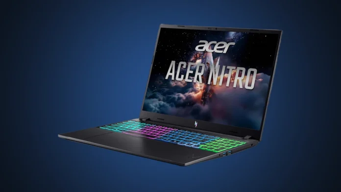 Front angled view of the isolated black Acer Nitro V 16 AI gaming laptop showing its RGB keyboard and screen wallpaper on a dark cyan gradient spotlight background.