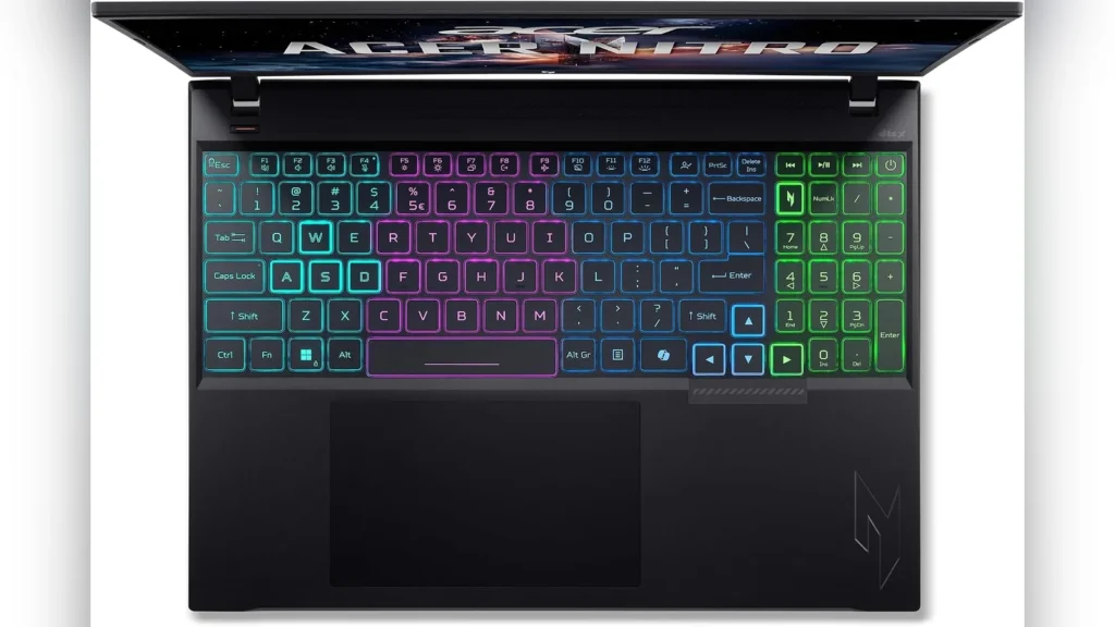 Acer Nitro V 16 AI Laptop Preorders Open on Amazon for $2,100 3 Close-up view of the open Acer Nitro V 16 AI showing its keyboard deck, trackpad, and screen hinges.