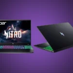 Front and back views of the isolated Acer Nitro V 16 gaming laptops open under a custom purple radial gradient spotlight.
