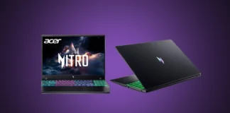 Acer Launches Affordable Nitro V 16 Laptop Configuration Front and back views of the isolated Acer Nitro V 16 gaming laptops open under a custom purple radial gradient spotlight.