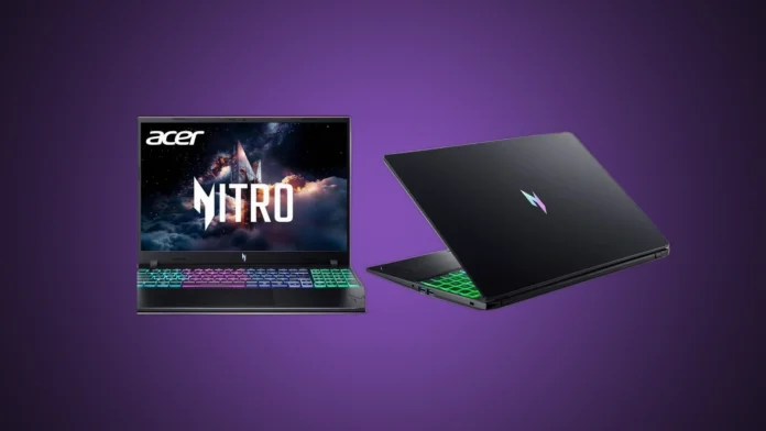 Front and back views of the isolated Acer Nitro V 16 gaming laptops open under a custom purple radial gradient spotlight.