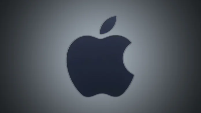 Front view of the isolated dark Apple logo centered on a custom silver-grey gradient spotlight backdrop.
