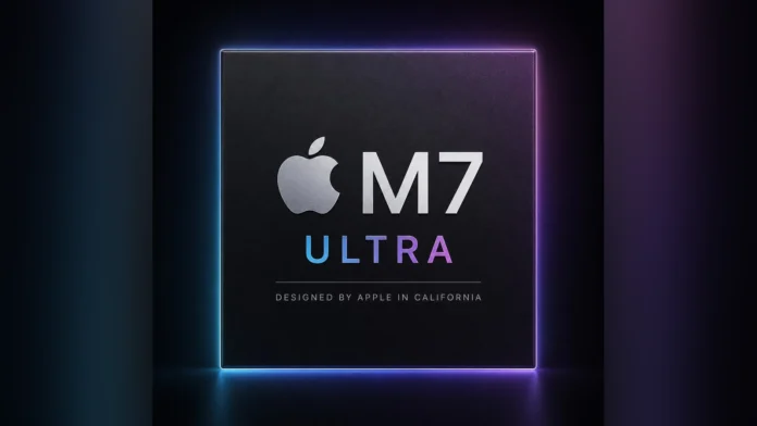 The Apple M7 Ultra processor package with a glowing blue and purple border on a dark background.