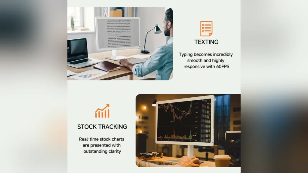Bigme Introduces B251 PRO Color E Ink Monitor with 60FPS Refresh 4 Infographic showing the Bigme B251 PRO being used for typing text and stock tracking.