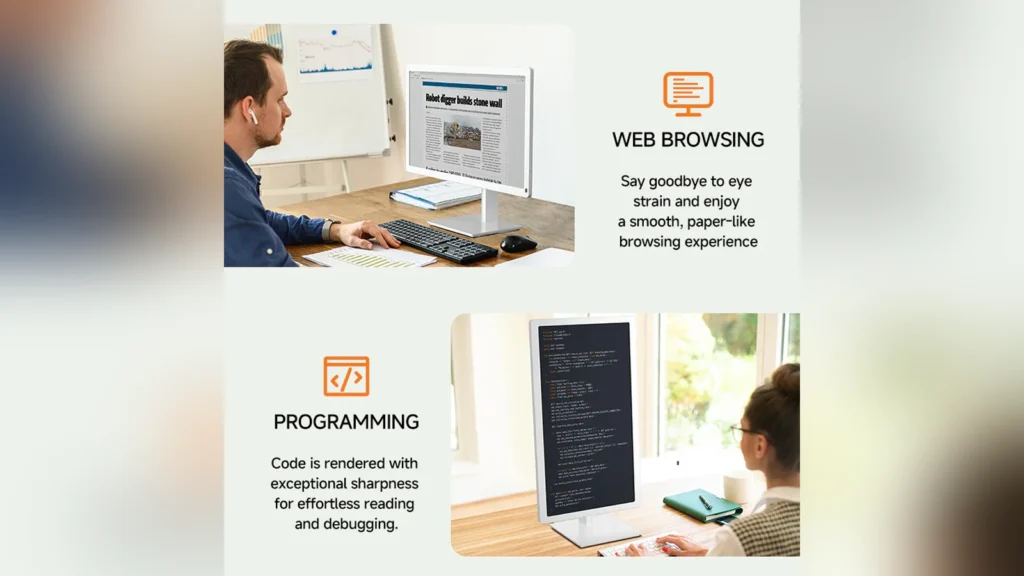 Bigme Introduces B251 PRO Color E Ink Monitor with 60FPS Refresh 3 Infographic displaying the Bigme B251 PRO being used for web browsing and programming.