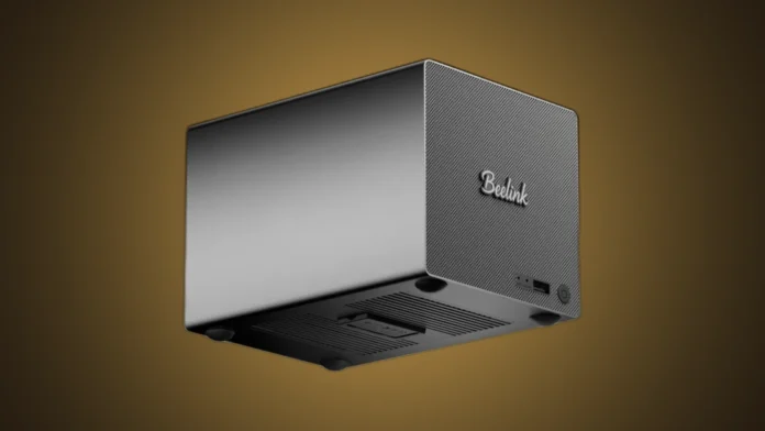The isolated Beelink ME Pro NAS metal enclosure set against a custom warm gold radial gradient spotlight.