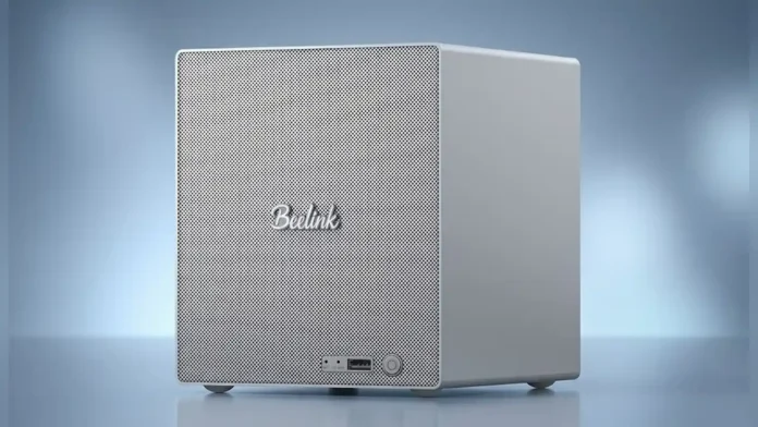 The front perspective view of the compact silver Beelink ME Pro NAS storage server showing the mesh grille and front ports.
