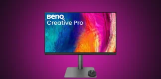 BenQ Launches Creative Pro PD2732U 27-Inch 4K IPS Monitor Front view of the isolated BenQ Creative Pro PD2732U 27-inch 4K IPS monitor on a custom magenta gradient backdrop.