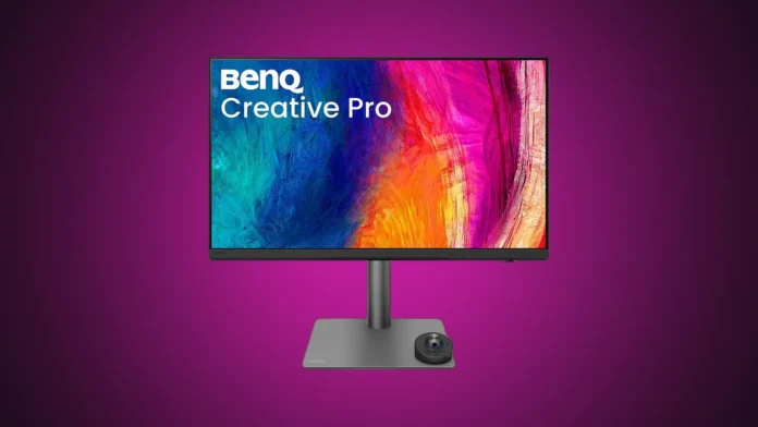 Front view of the isolated BenQ Creative Pro PD2732U 27-inch 4K IPS monitor on a custom magenta gradient backdrop.