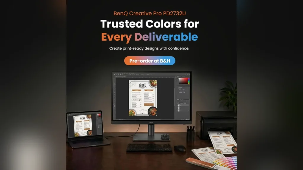 BenQ Launches Creative Pro PD2732U 27-Inch 4K IPS Monitor 1 Creative workstation setup showing the BenQ PD2732U monitor connected to a laptop for menu design and printing.