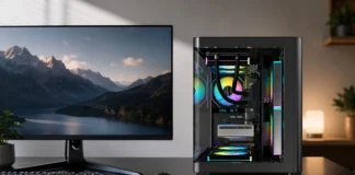 AOC Releases CG350B Curved Glass Micro-ATX PC case CG350B Micro-ATX PC case with tempered glass panels, RGB cooling fans, and a gaming desktop setup.