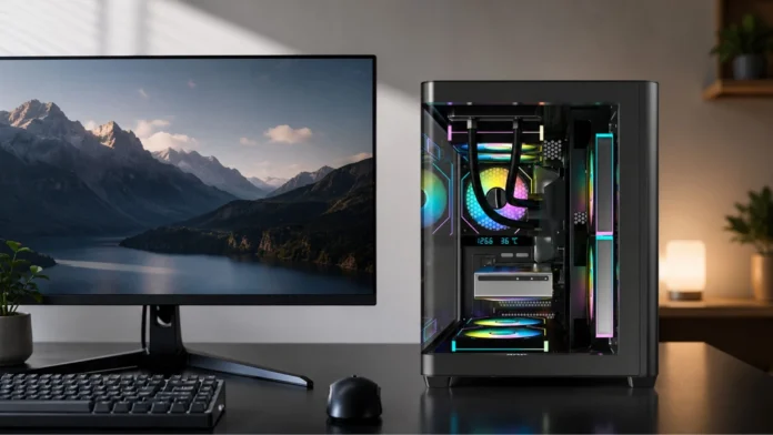 CG350B Micro-ATX PC case with tempered glass panels, RGB cooling fans, and a gaming desktop setup.