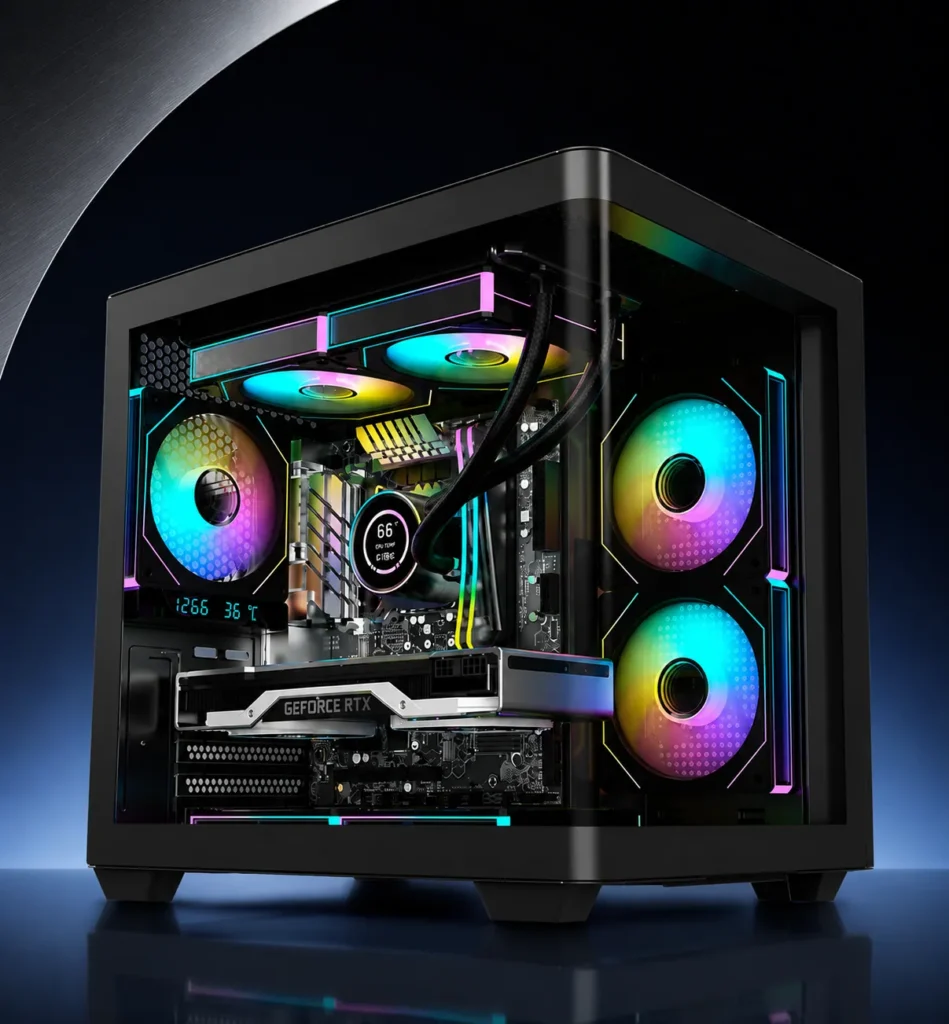 AOC Releases CG350B Curved Glass Micro-ATX PC case 1 Interior view of the CG350B PC case showing RGB fans, liquid cooling support, and a GeForce RTX graphics card.