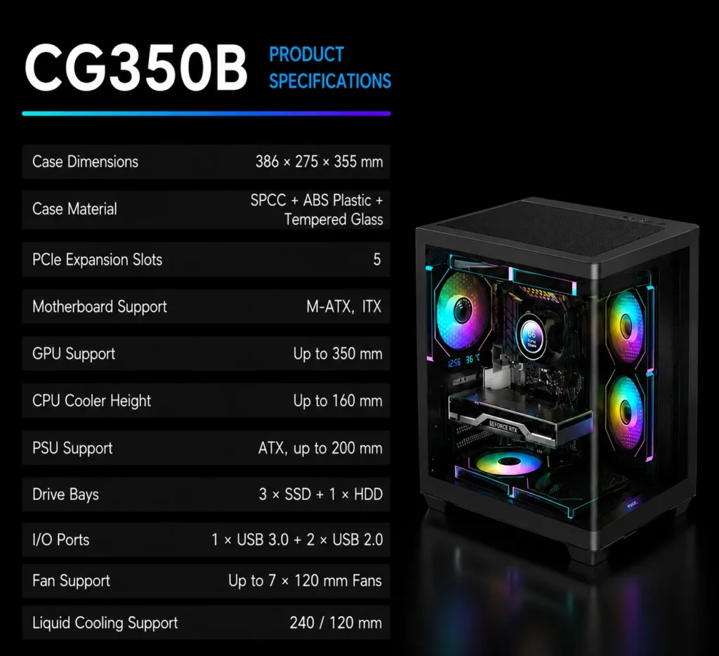 AOC Releases CG350B Curved Glass Micro-ATX PC case 3 Specification chart for the CG350B PC case with dimensions, motherboard support, GPU clearance, storage, and cooling compatibility.