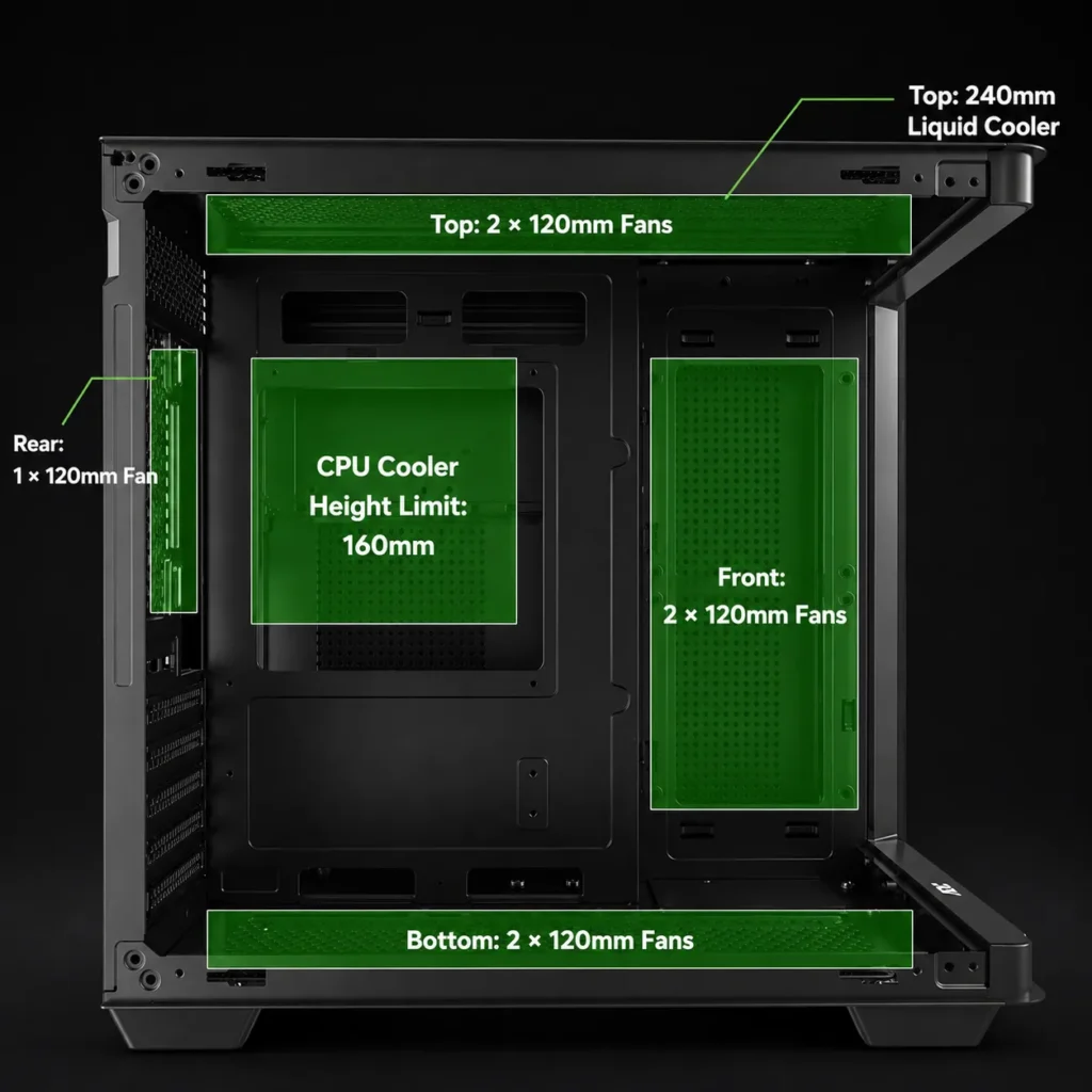 AOC Releases CG350B Curved Glass Micro-ATX PC case 2 CG350B case cooling layout showing support for up to seven 120 mm fans, a 240 mm liquid cooler, and CPU cooler clearance.