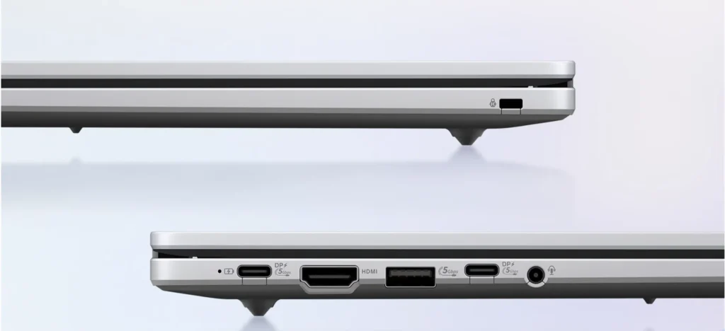 Side profile of the ASUS Chromebook CM15 highlighting its USB Type-C, HDMI, USB Type-A, and audio jack.