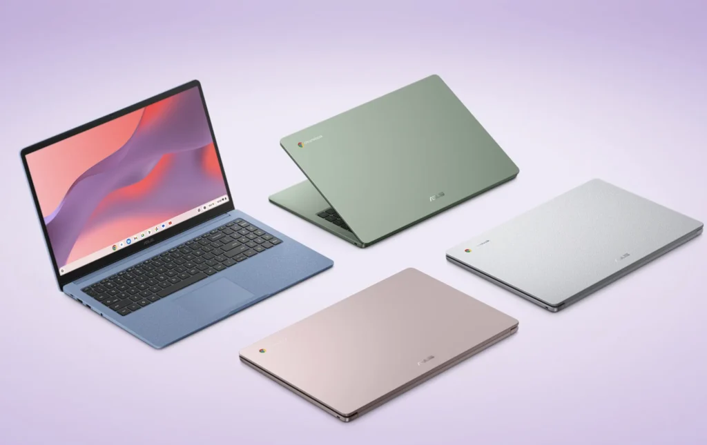 ASUS Chromebook CM15 laptops displayed in multiple color options, including blue, green, silver, and beige.