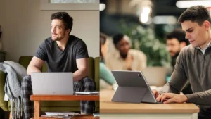 People using the ASUS Chromebook CM32 Detachable in home and office environments.