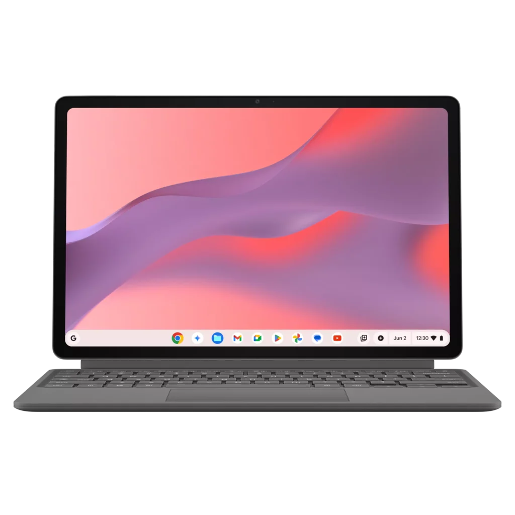 Front view of the ASUS Chromebook CM32 Detachable with the detachable keyboard attached.