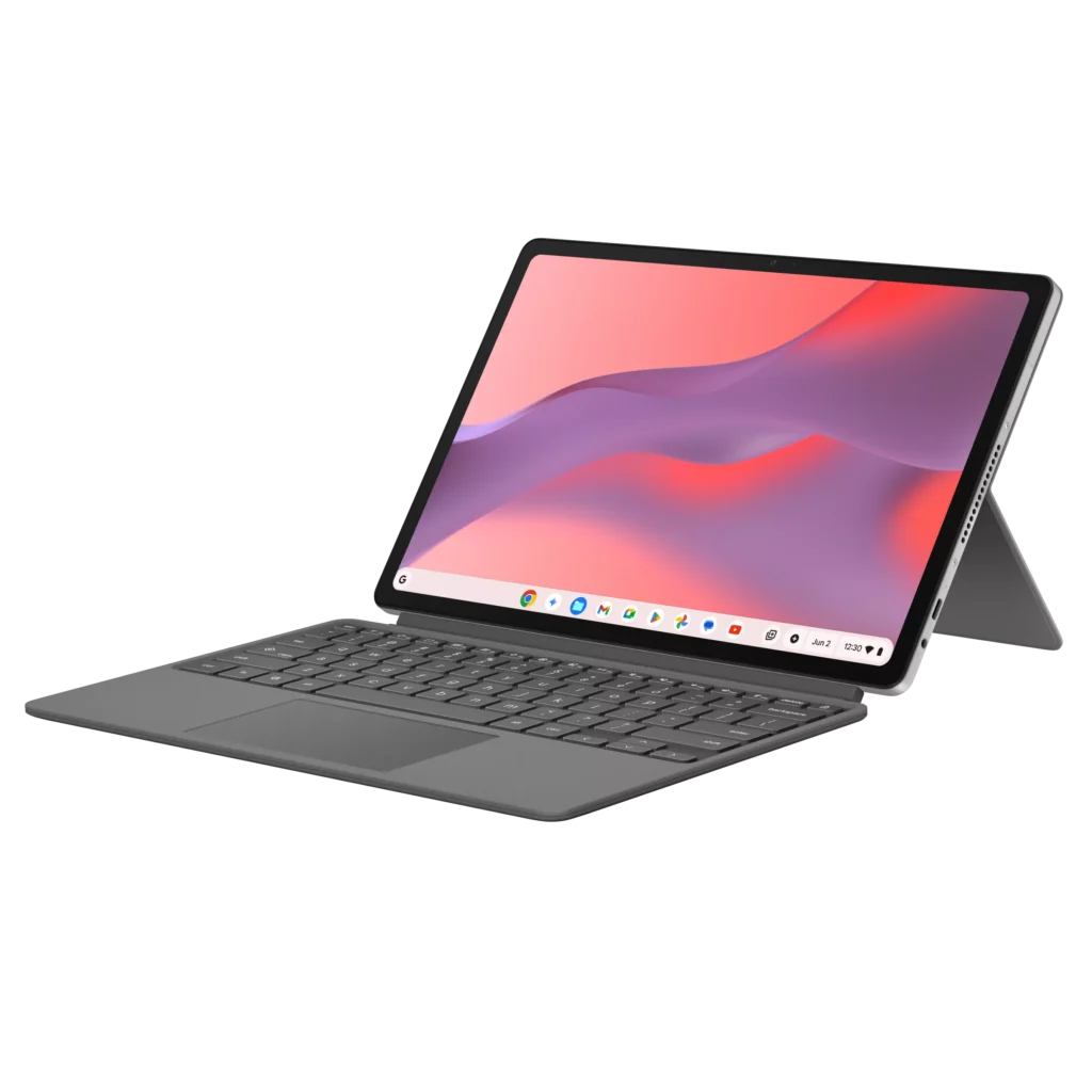 ASUS Chromebook CM32 Detachable with keyboard attached, shown in laptop mode.