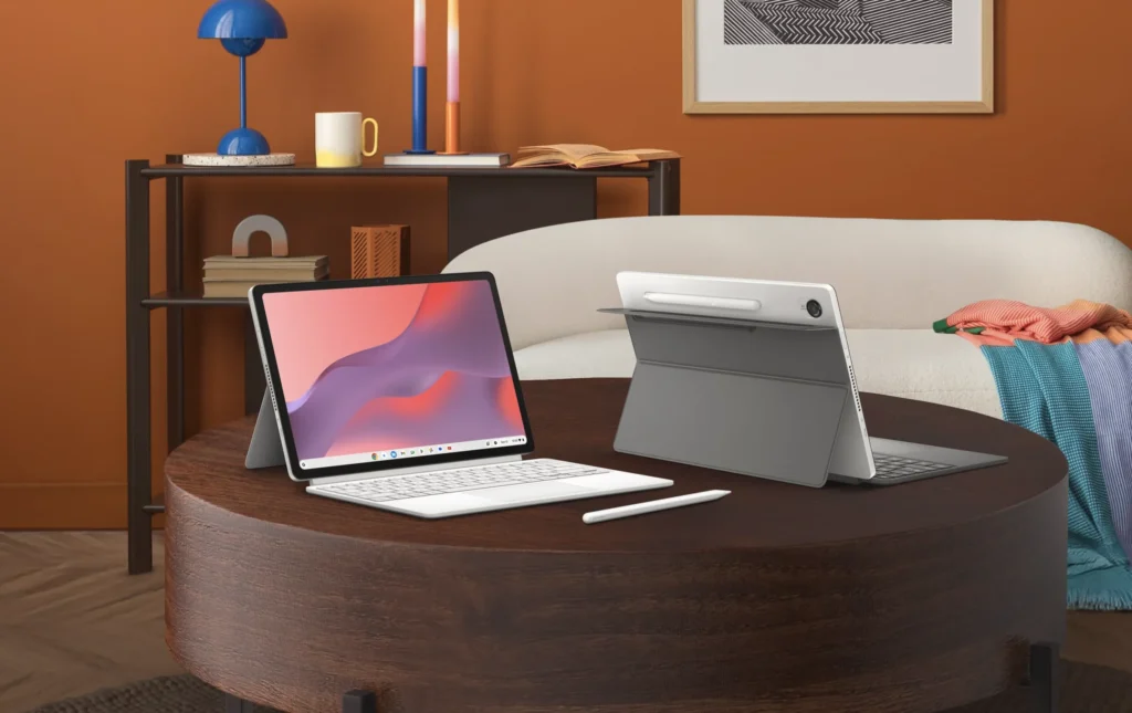 ASUS Chromebook CM32 Detachable with keyboard cover and stylus placed on a coffee table in a living room.