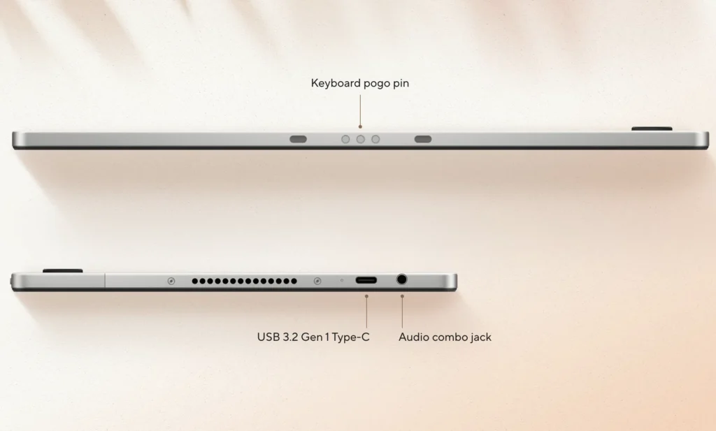 Side view of the ASUS Chromebook CM32 Detachable showing the keyboard pogo pins, USB 3.2 Gen 1 Type-C port, and audio combo jack.
