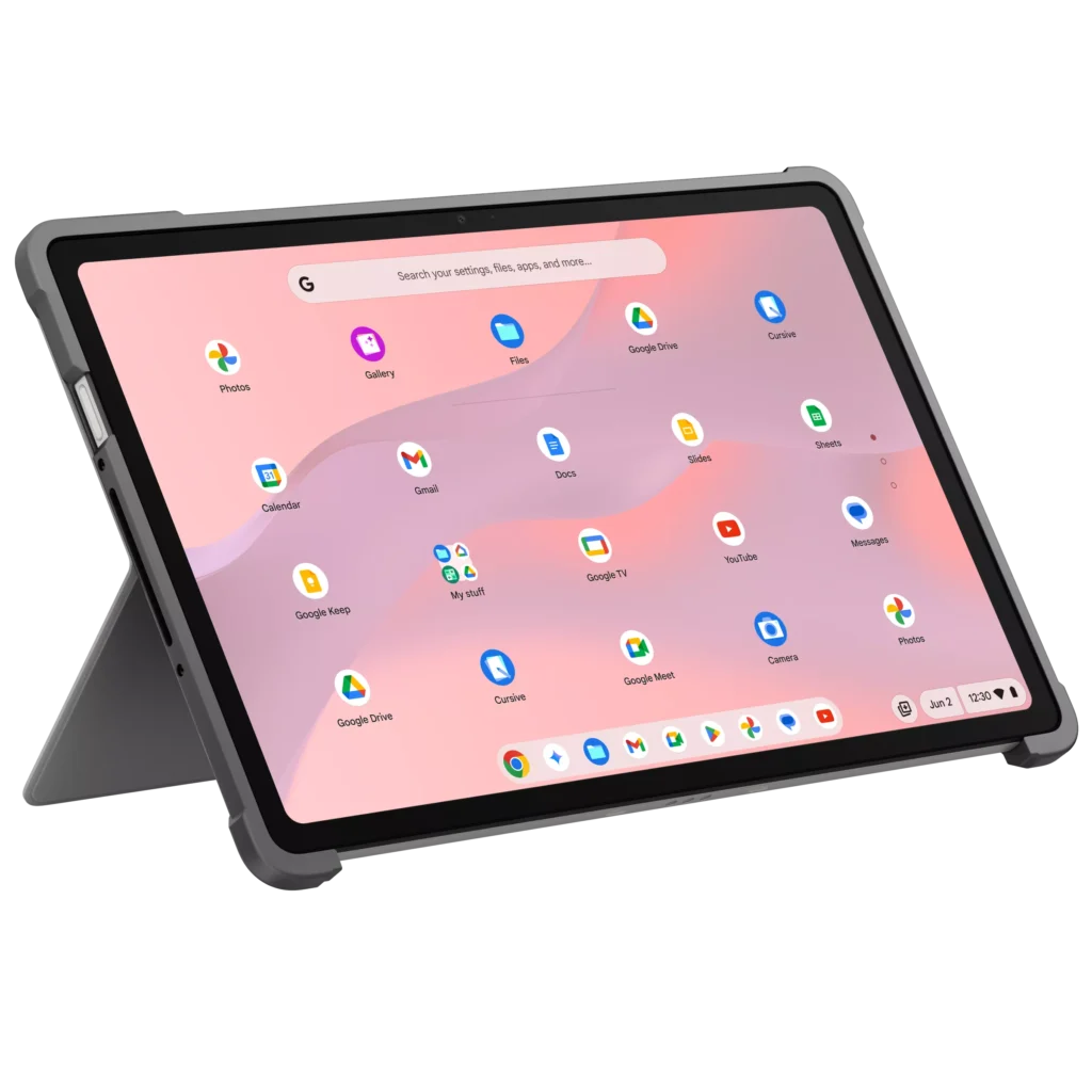 ASUS Chromebook CM32 Detachable in tablet mode with the kickstand extended and ChromeOS home screen displayed.