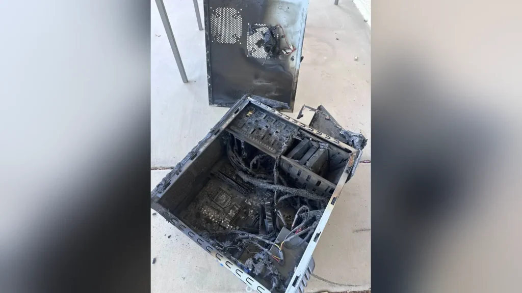 CS2 Streamer Allegedly Destroys Graphics Card with Grenade Explosion 1 A completely burned out computer chassis with charred motherboards and melted power cables lying on a concrete floor.