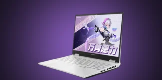 Colorful Hidden Star G15 Laptop Relauches with 12th Gen Intel CPU Front angled view of the isolated white Colorful Hidden Star G15 gaming laptop showing its keyboard and purple screen wallpaper on a violet gradient spotlight background.