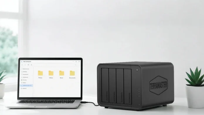 TerraMaster D8 Hybrid 2 hybrid storage enclosure connected to a laptop via USB for high-speed file storage and backup.