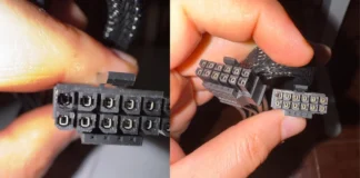 NZXT C1500 Platinum Buyer Finds Damaged 12VHPWR Cable Close-up comparison of a damaged 12VHPWR connector pin on the left and the full cable header being held by a hand on the right.