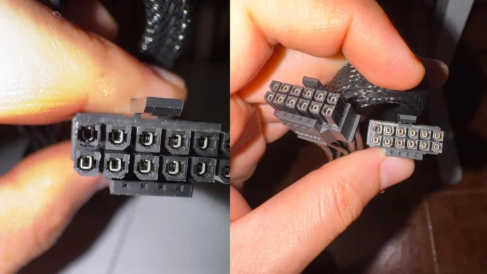 Close-up comparison of a damaged 12VHPWR connector pin on the left and the full cable header being held by a hand on the right.