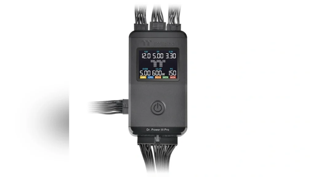 Thermaltake Dr. Power III Pro PSU tester with power supply cables connected.