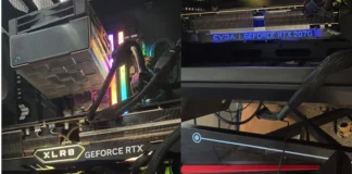 Testing GeForce RTX 4080 and RTX 2070 Super With Lossless Scaling Split collage photo showing a GeForce RTX 4080 installed in the upper PCIe slot and an EVGA GeForce RTX 2070 Super in the lower PCIe slot inside a Corsair computer case.