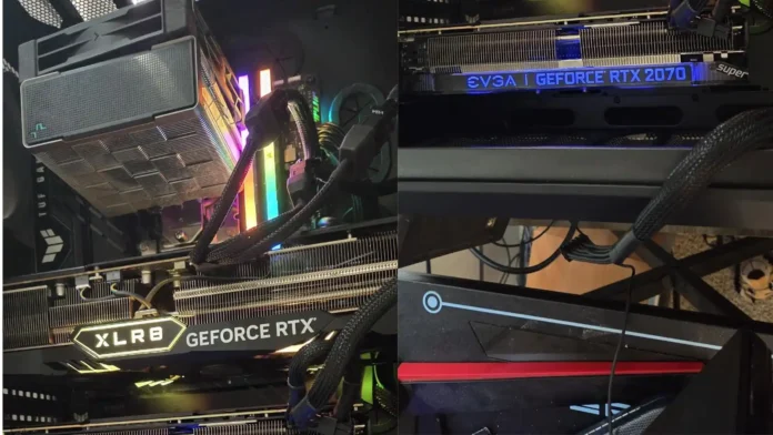 Split collage photo showing a GeForce RTX 4080 installed in the upper PCIe slot and an EVGA GeForce RTX 2070 Super in the lower PCIe slot inside a Corsair computer case.