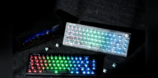 Epomaker Launches NEX Pro Mouse and HE65 V2 TMR Keyboard Black and clear versions of the EPOMAKER HE65 V2 TMR gaming keyboard glowing with RGB backlighting.