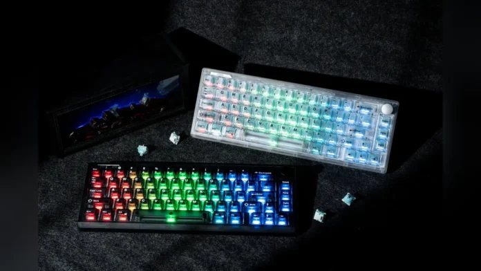 Black and clear versions of the EPOMAKER HE65 V2 TMR gaming keyboard glowing with RGB backlighting.