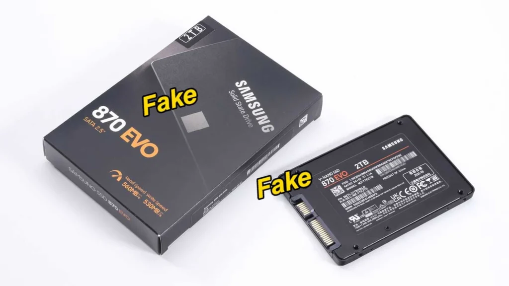 Comparison of the back labels of a genuine Samsung 870 EVO SSD on the left and a counterfeit version on the right.